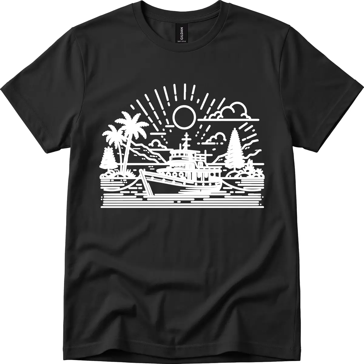 Tropical Boat Paradise Scene T-Shirt in Black