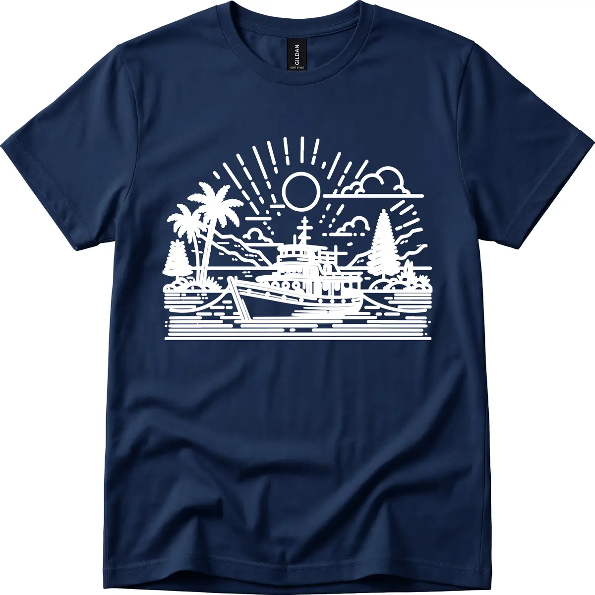 Tropical Boat Paradise Scene T-Shirt in Navy