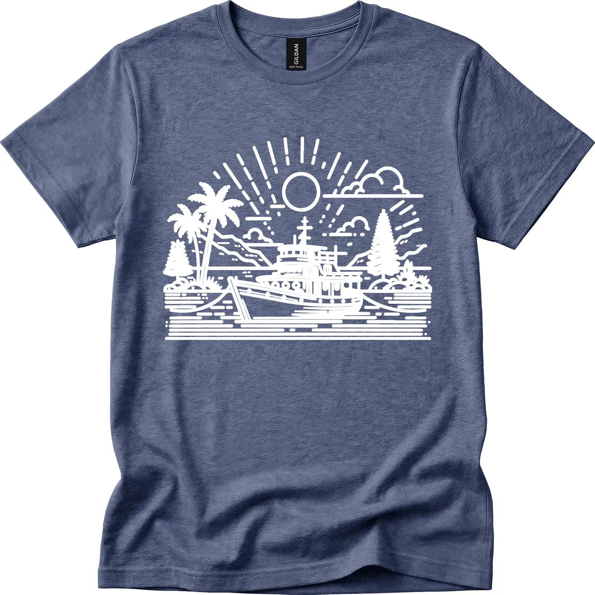 Tropical Boat Paradise Scene T-Shirt in Heather Navy