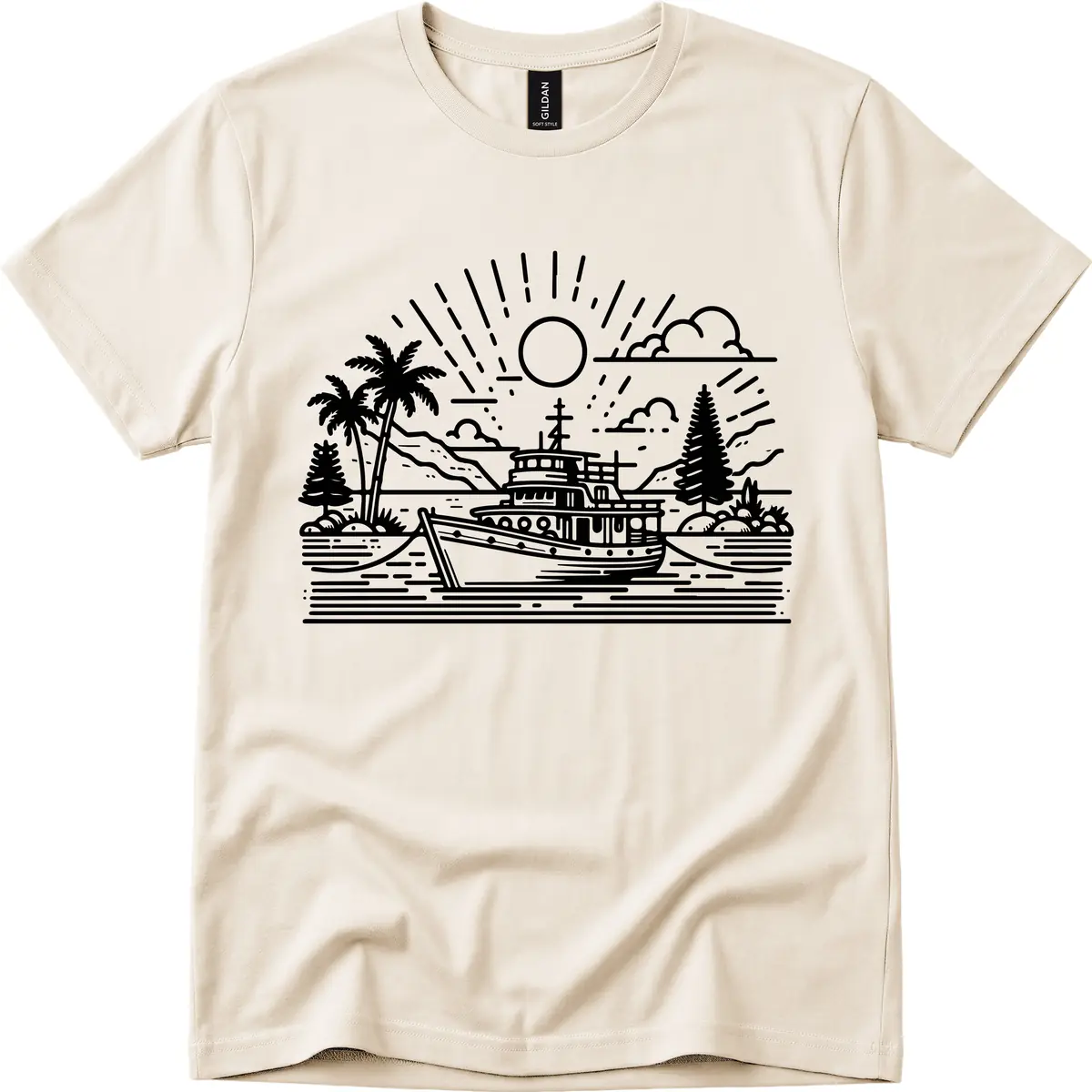 Tropical Boat Paradise Scene T-Shirt in Natural