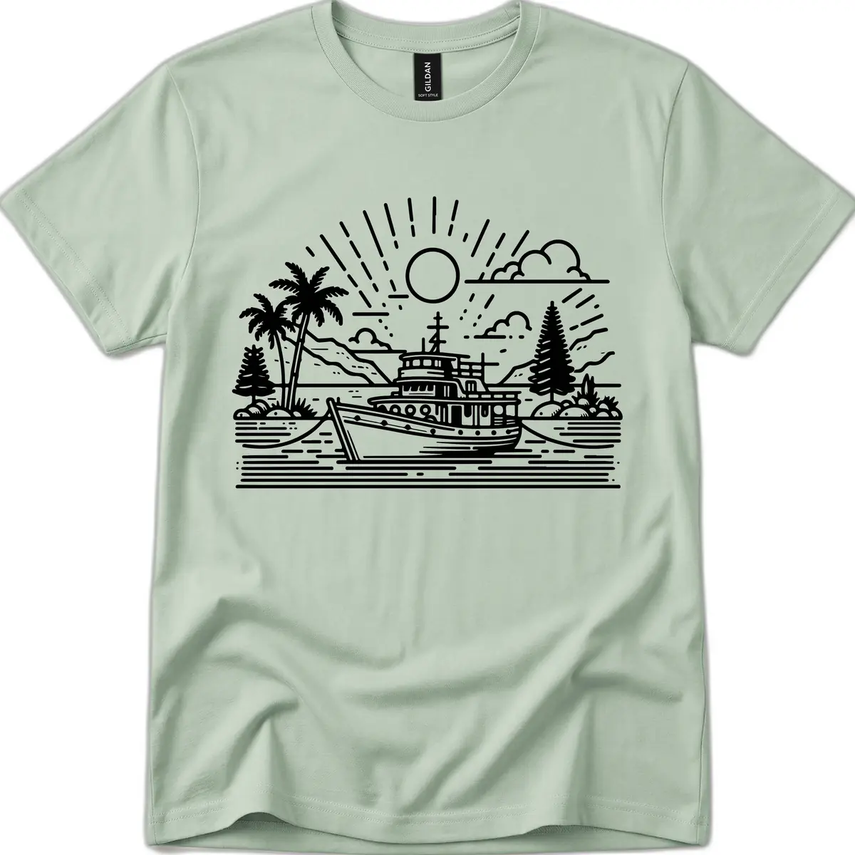 Tropical Boat Paradise Scene T-Shirt in Sage