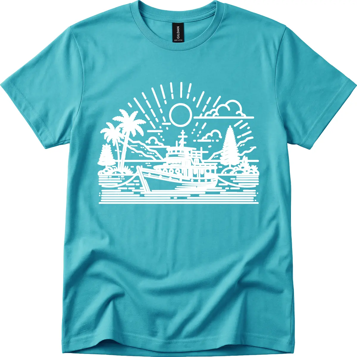 Tropical Boat Paradise Scene T-Shirt in Tropical Blue