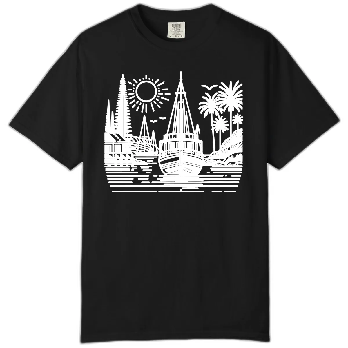 Tropical Boat Paradise Scene Comfort Color in Black