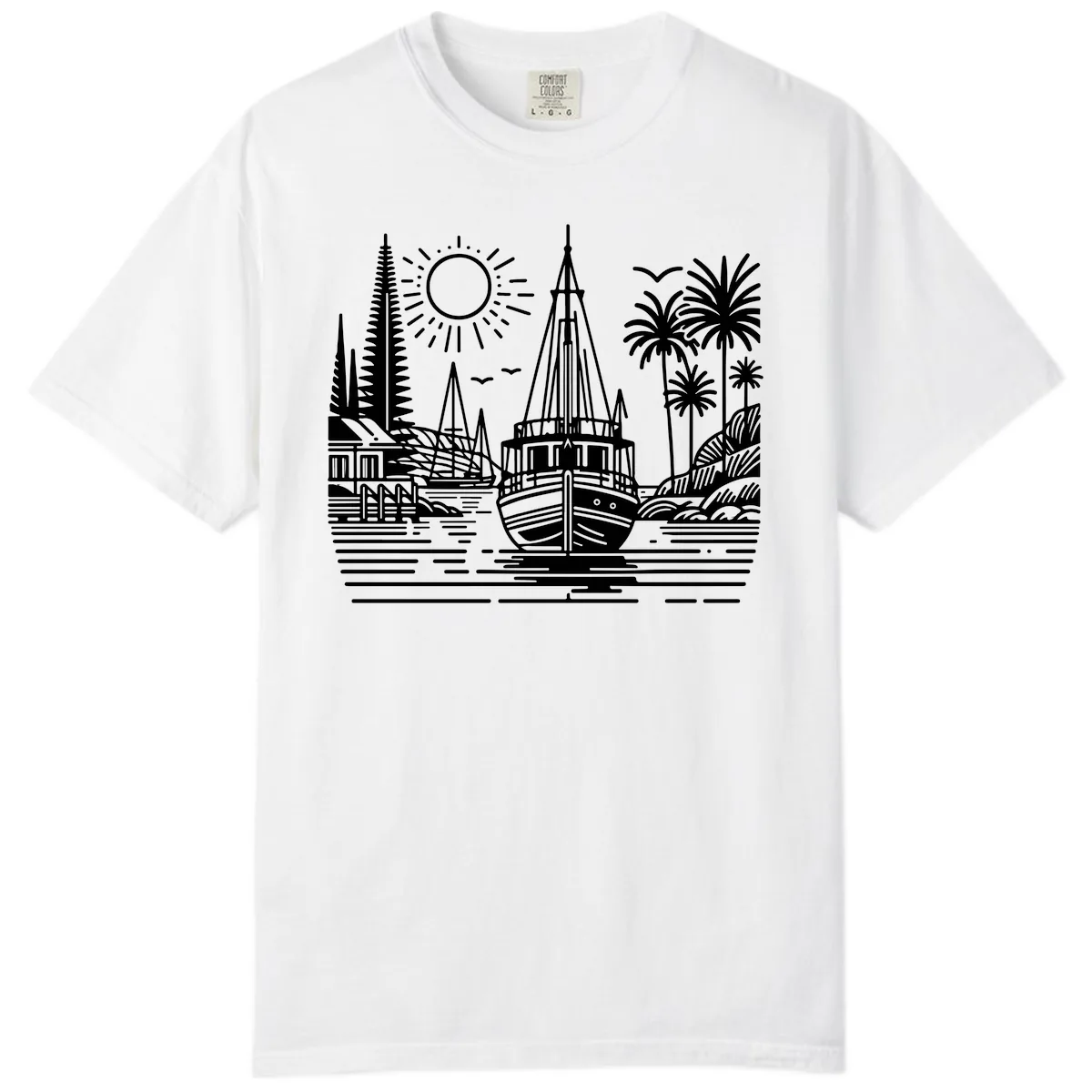 Tropical Boat Paradise Scene Comfort Color in White