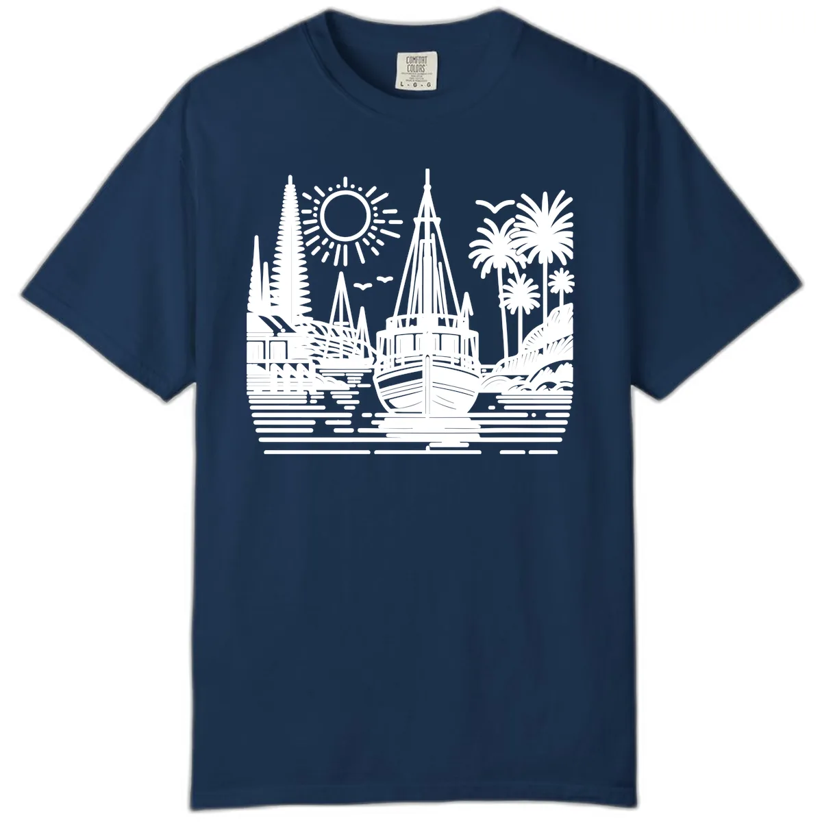 Tropical Boat Paradise Scene Comfort Color in Navy