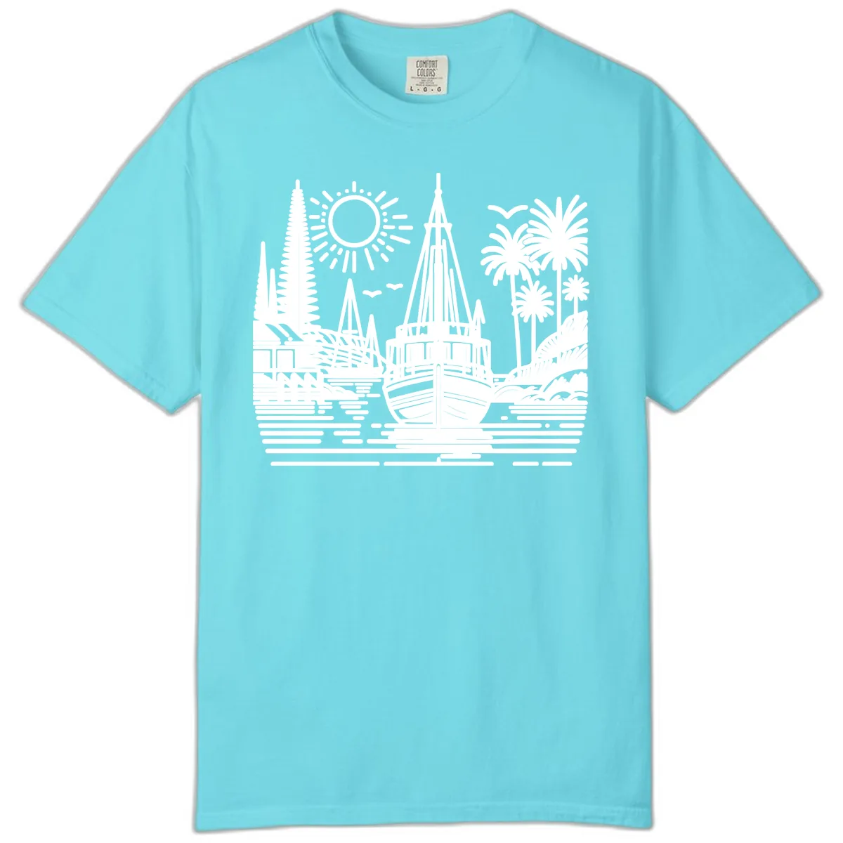 Tropical Boat Paradise Scene Comfort Color in Lagoon Blue