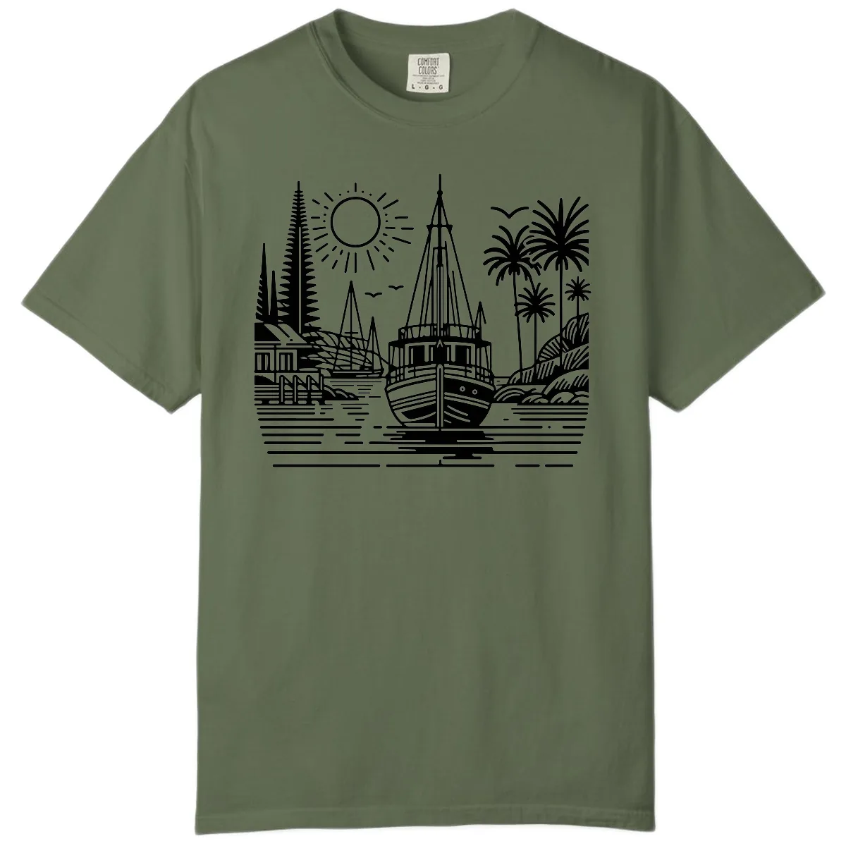 Tropical Boat Paradise Scene Comfort Color in Sage