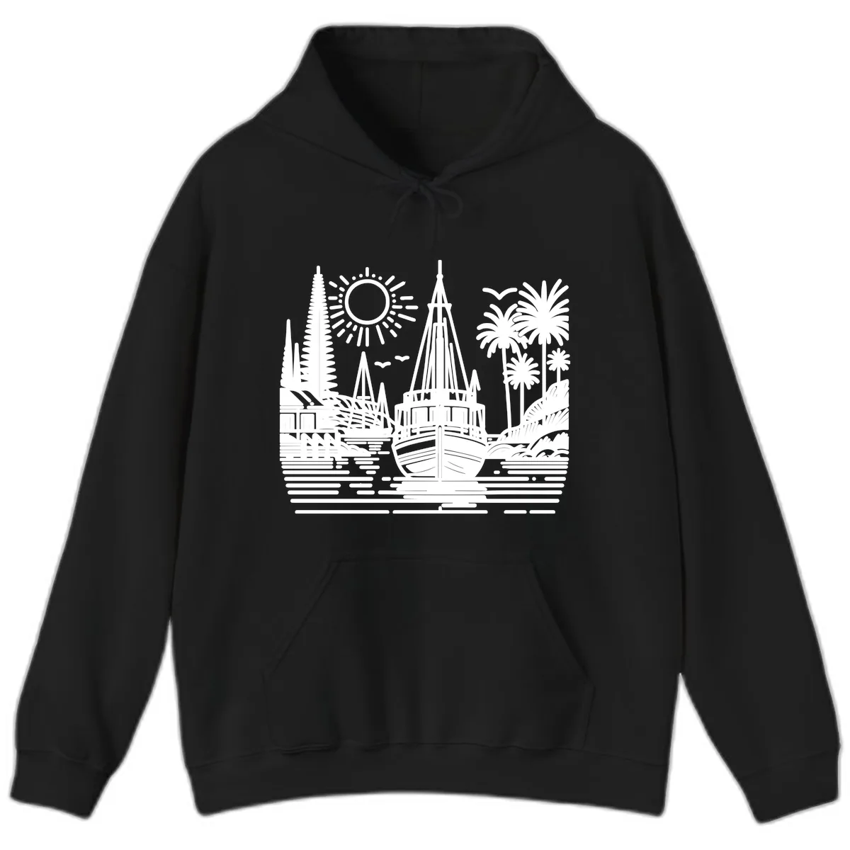 Tropical Boat Paradise Scene Hoodie in Black