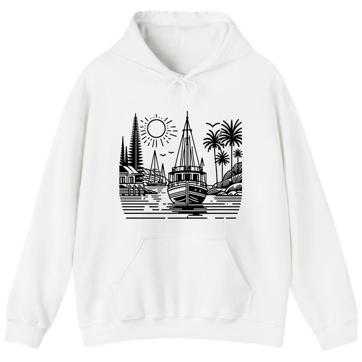 Tropical Boat Paradise Scene Hoodie in White