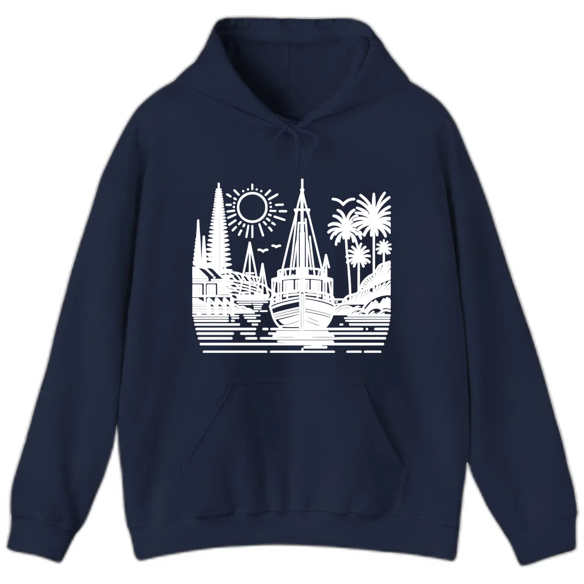 Tropical Boat Paradise Scene Hoodie in Navy