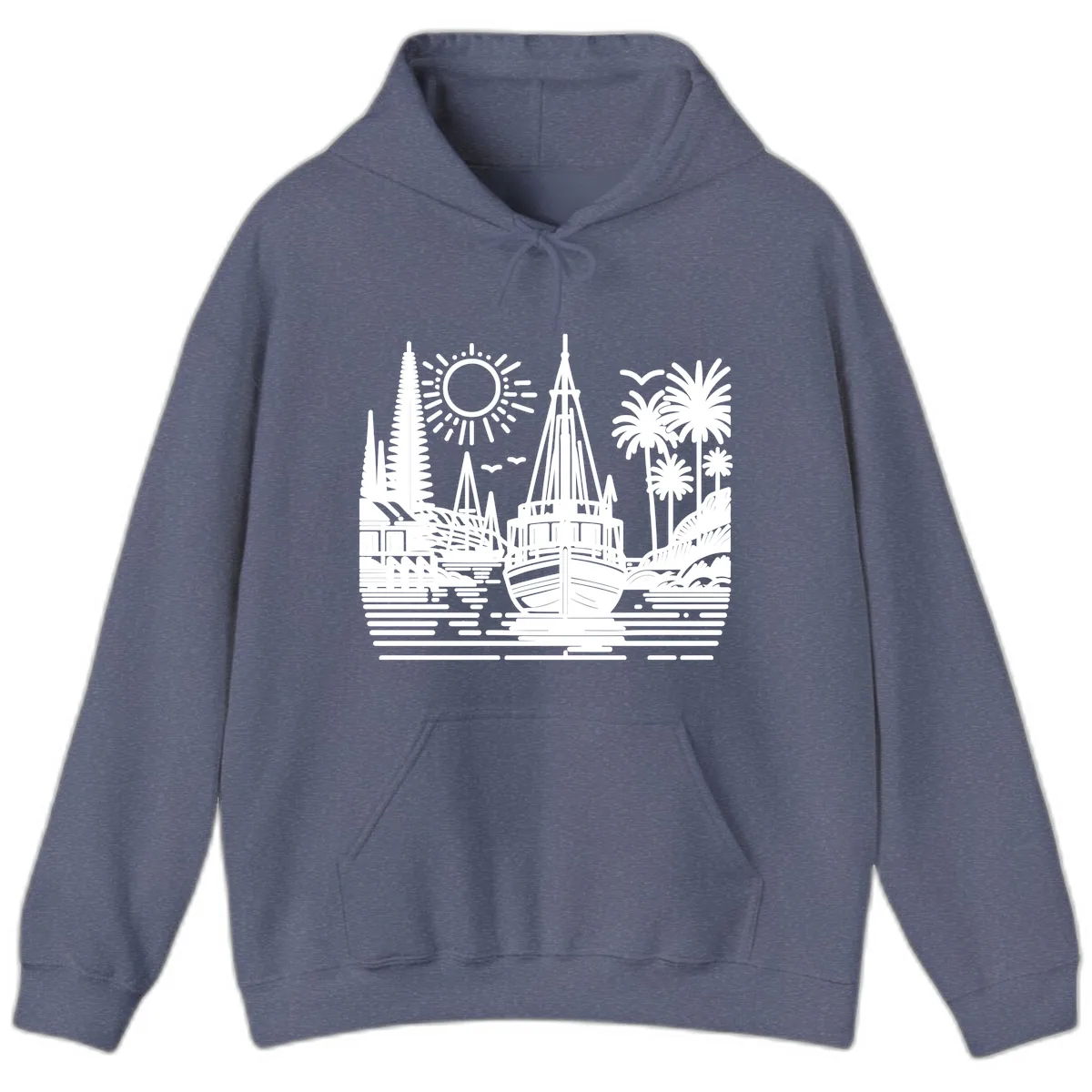 Tropical Boat Paradise Scene Hoodie in Heather Navy