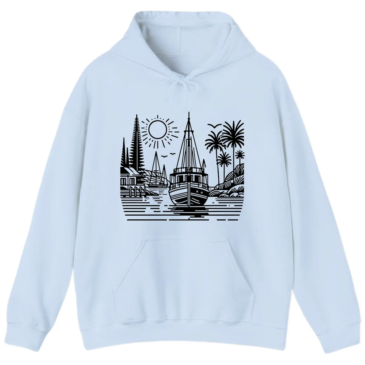 Tropical Boat Paradise Scene Hoodie in Light Blue