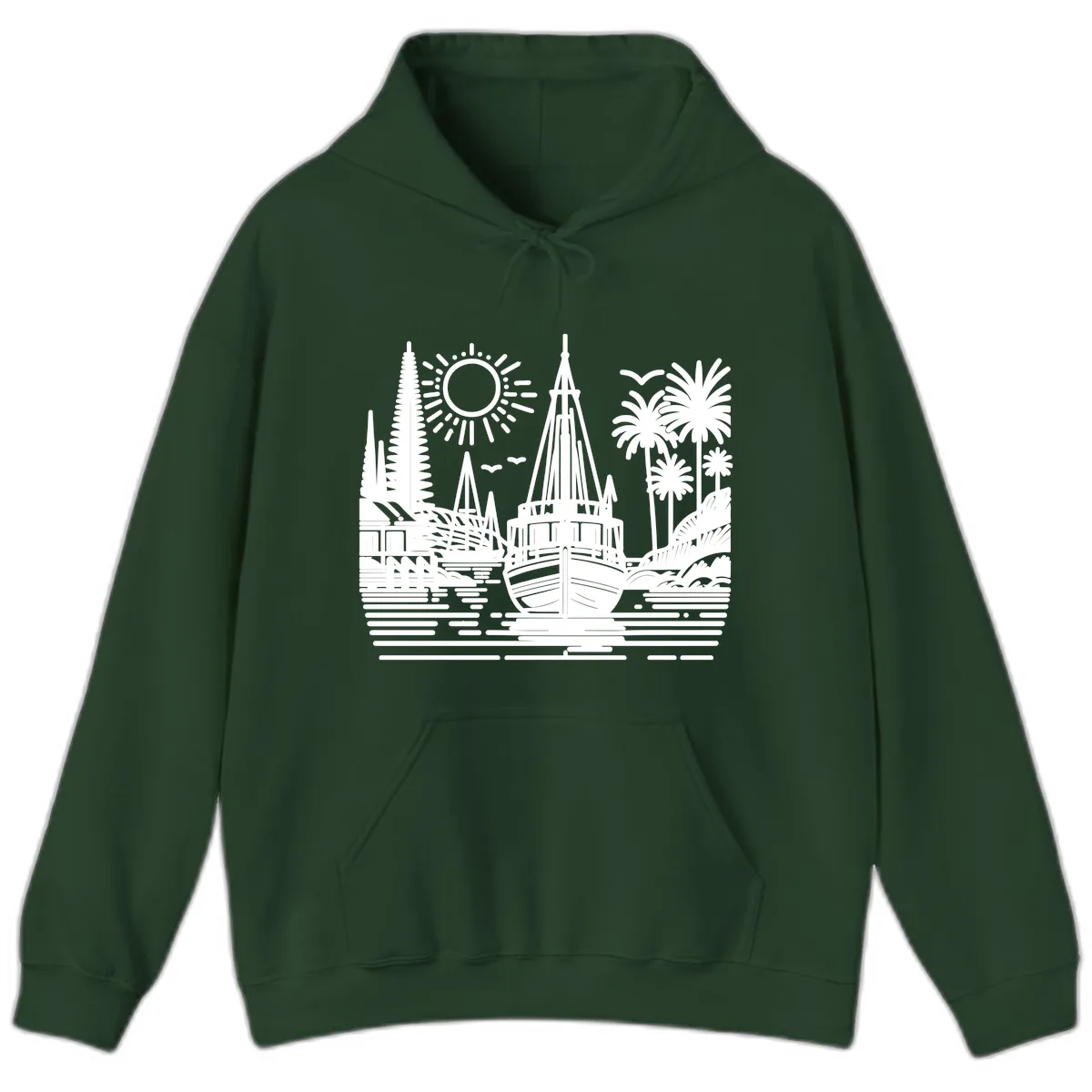 Tropical Boat Paradise Scene Hoodie in Forest Green