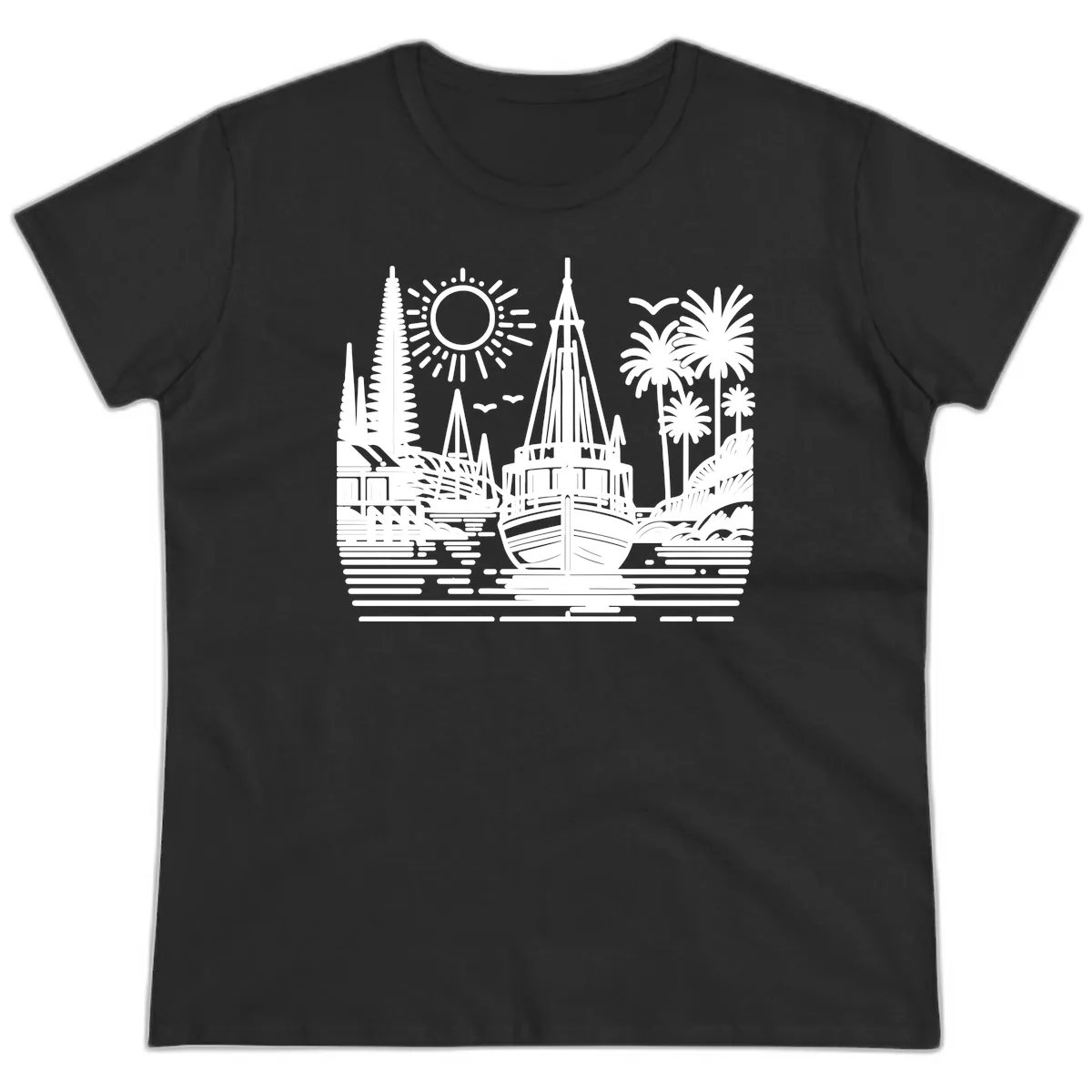 Tropical Boat Paradise Scene Ladies Tee in Black
