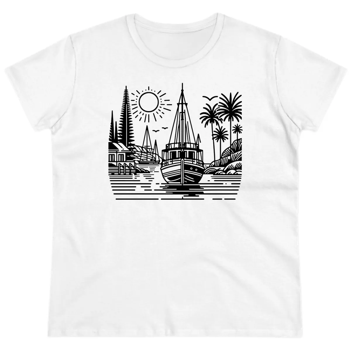 Tropical Boat Paradise Scene Ladies Tee in White
