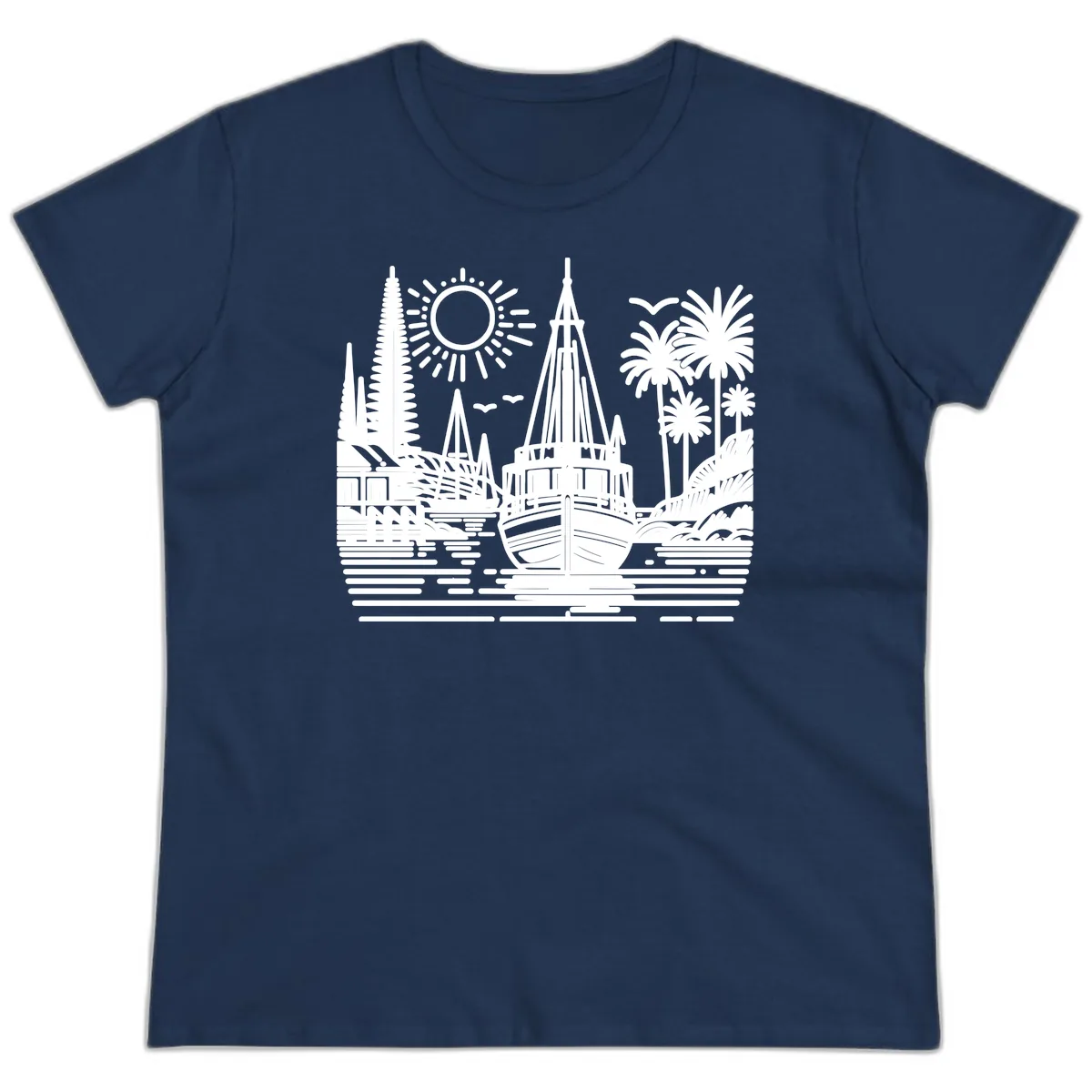 Tropical Boat Paradise Scene Ladies Tee in Navy