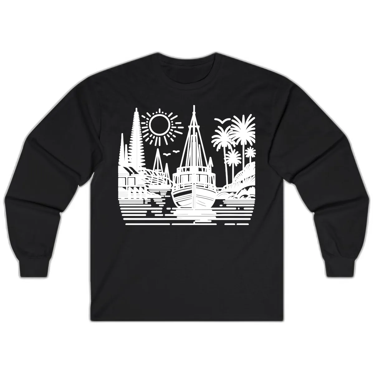 Tropical Boat Paradise Scene Long Sleeve in Black