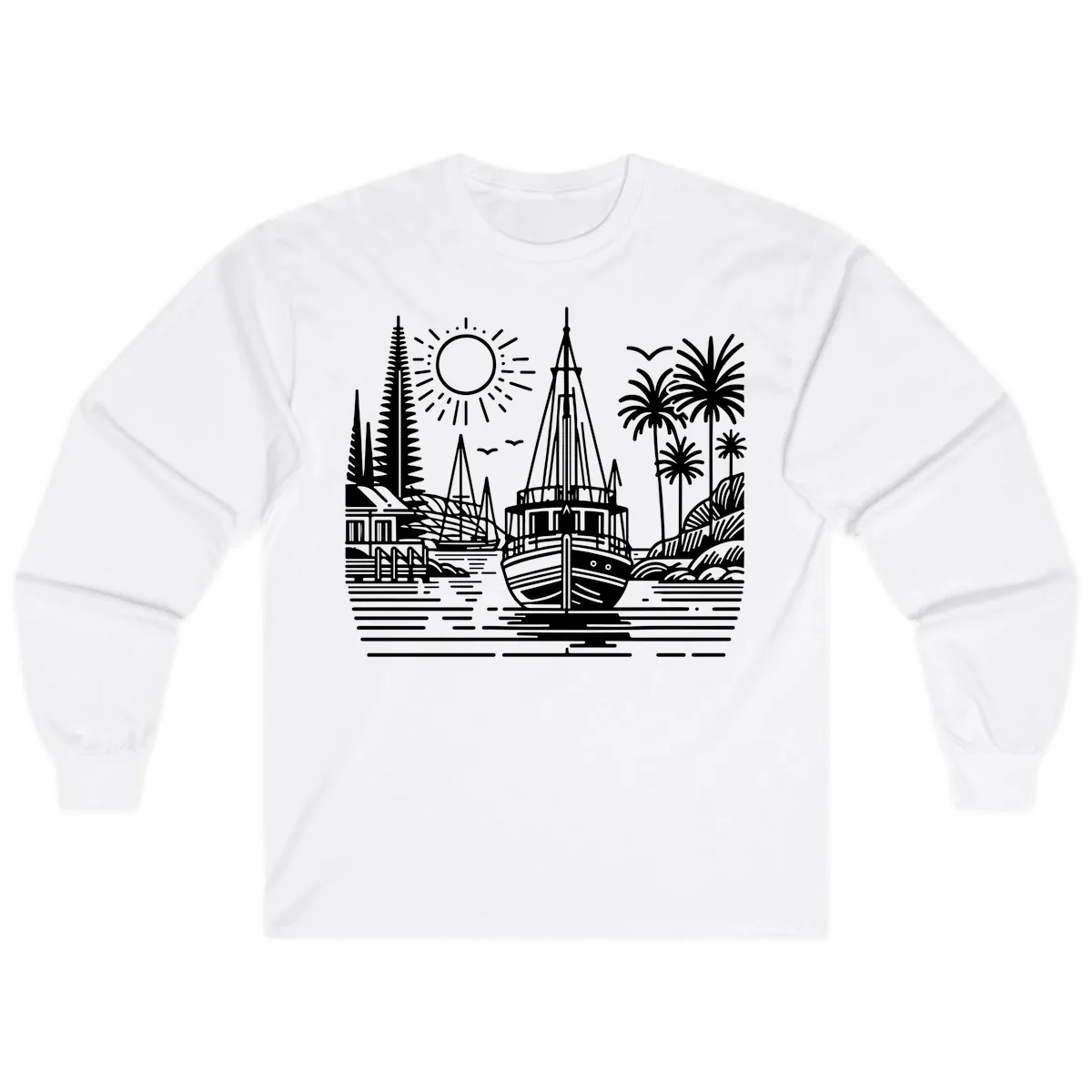 Tropical Boat Paradise Scene Long Sleeve in White