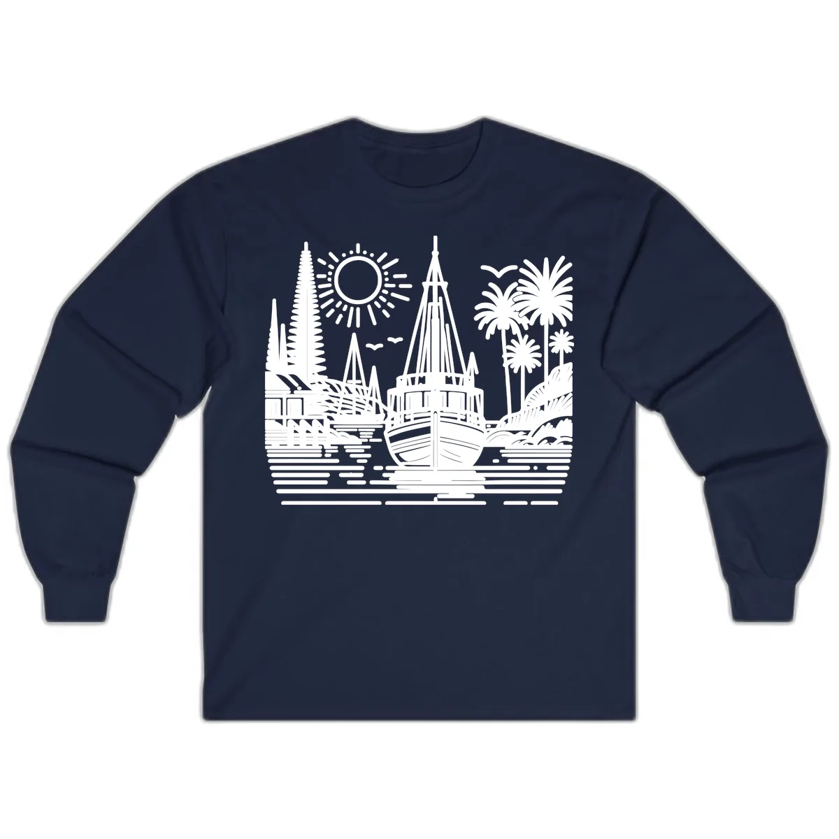 Tropical Boat Paradise Scene Long Sleeve in Navy