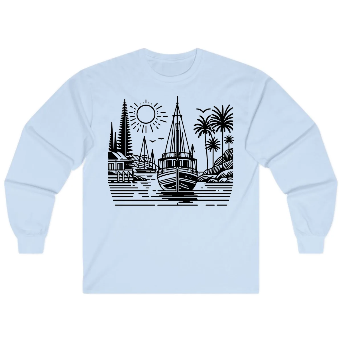 Tropical Boat Paradise Scene Long Sleeve in Light Blue