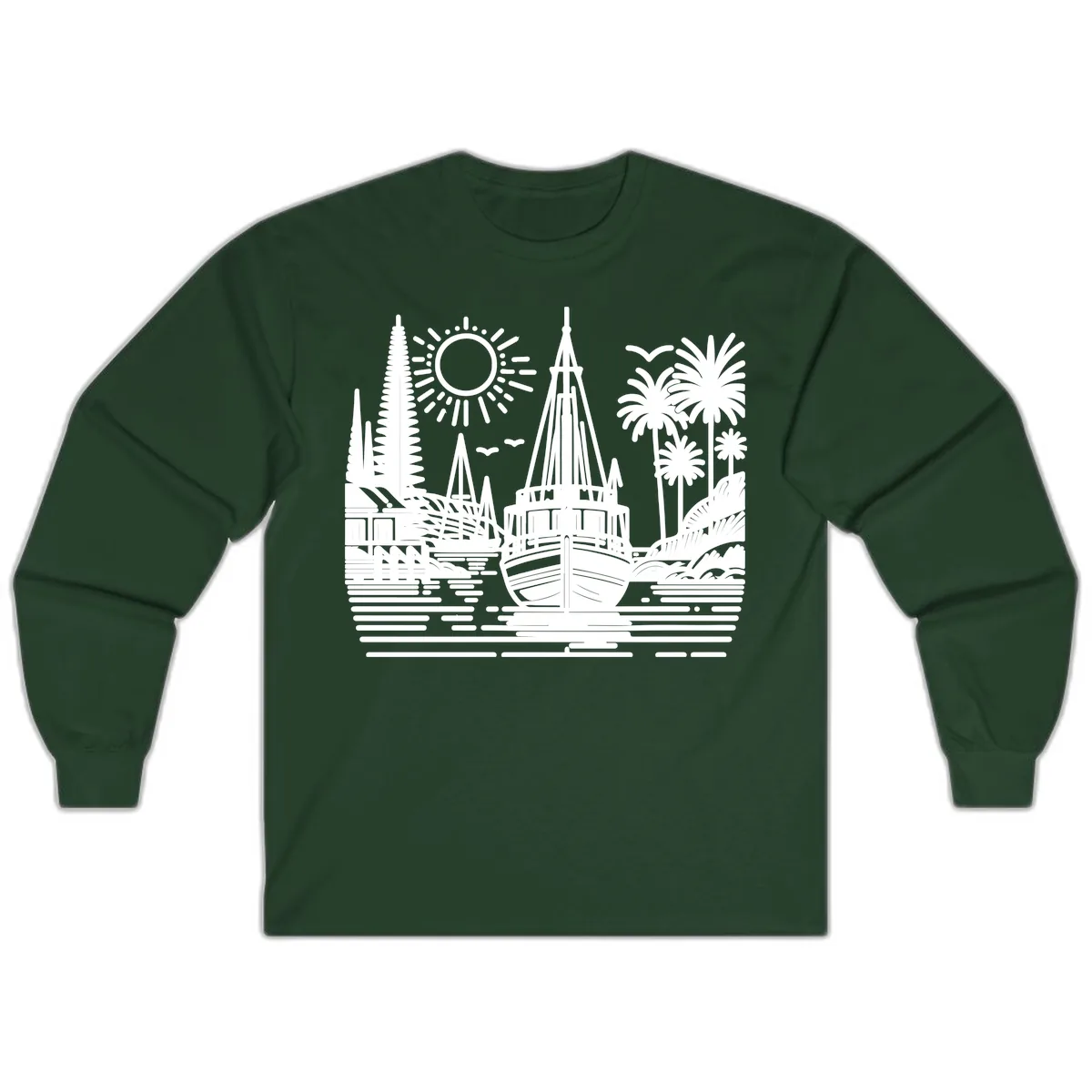 Tropical Boat Paradise Scene Long Sleeve in Forest Green