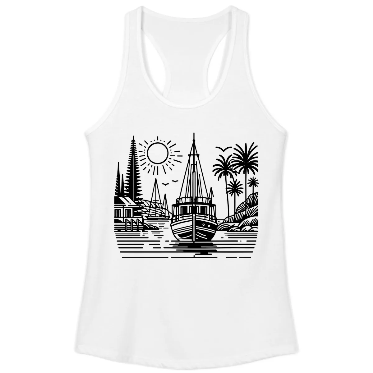 Tropical Boat Paradise Scene Ladies Tank in White