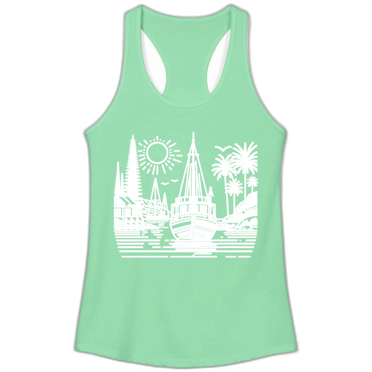 Tropical Boat Paradise Scene Ladies Tank in Solid Mint