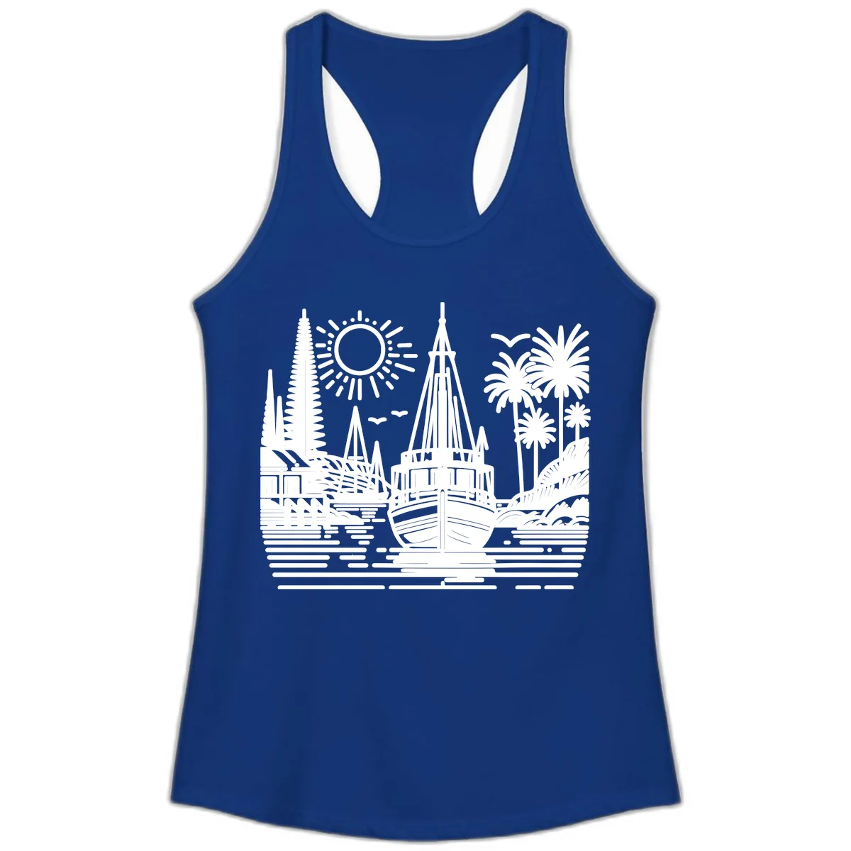 Tropical Boat Paradise Scene Ladies Tank in Solid Royal