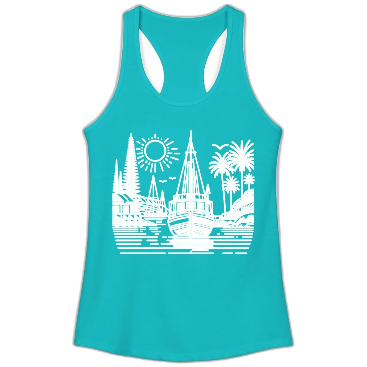 Tropical Boat Paradise Scene Ladies Tank in Tahiti Blue
