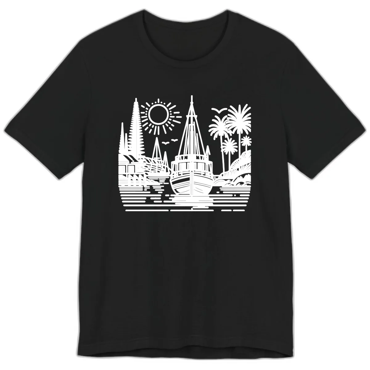 Tropical Boat Paradise Scene Premium T-Shirt in Black