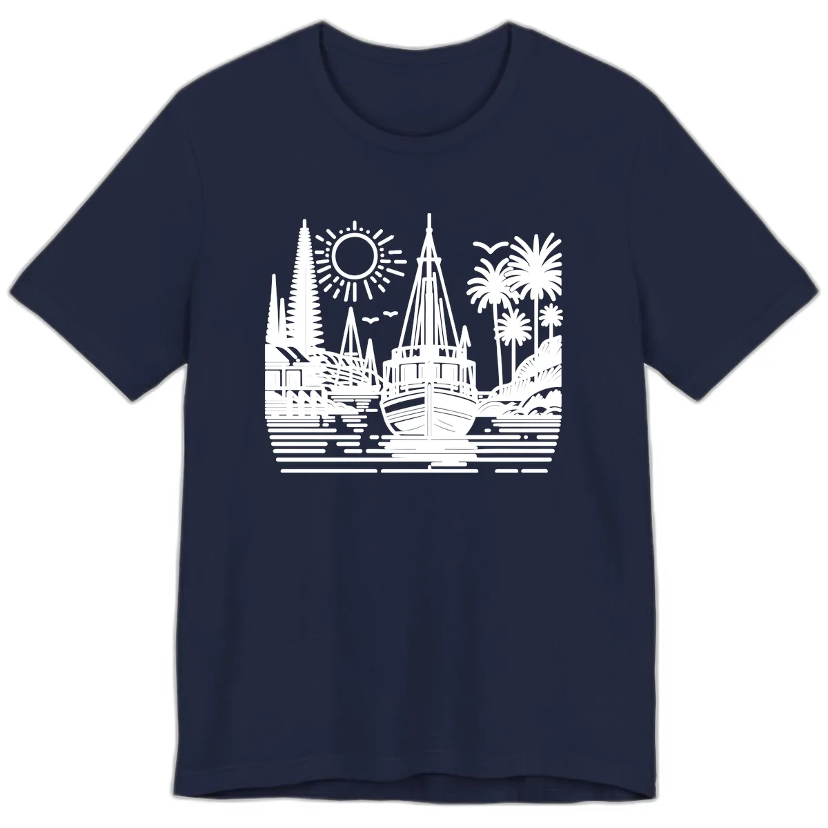 Tropical Boat Paradise Scene Premium T-Shirt in Navy