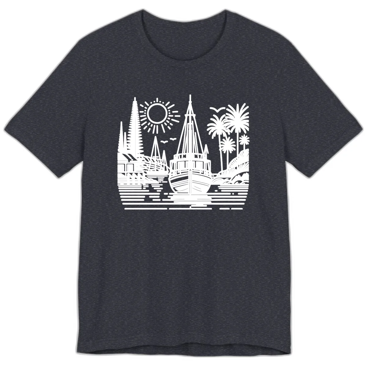 Tropical Boat Paradise Scene Premium T-Shirt in Heather Navy