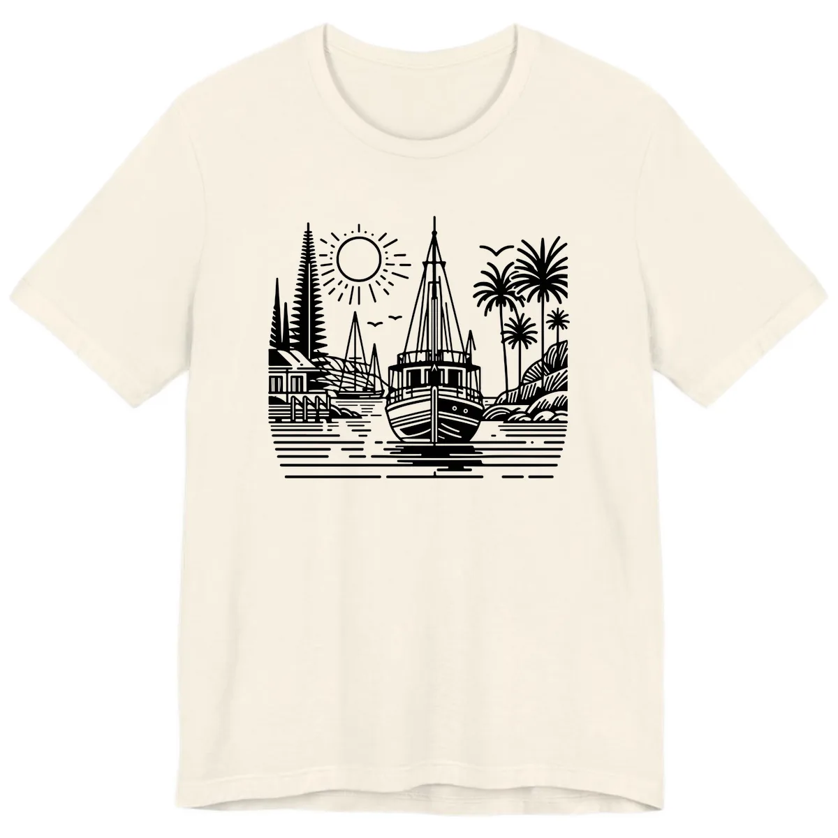 Tropical Boat Paradise Scene Premium T-Shirt in Natural