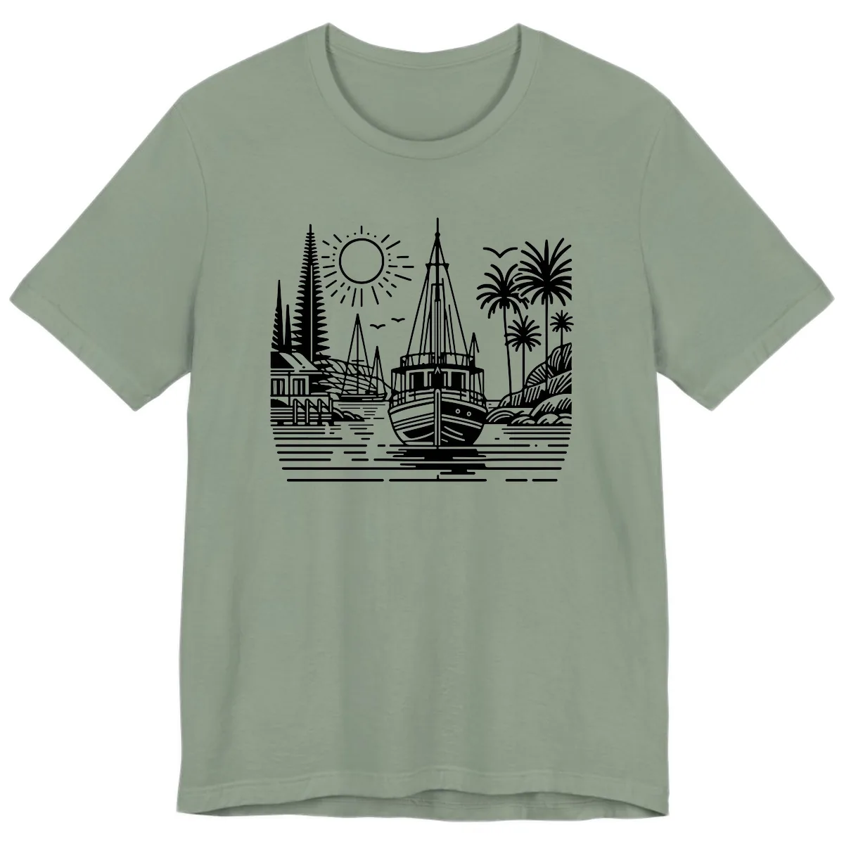Tropical Boat Paradise Scene Premium T-Shirt in Sage