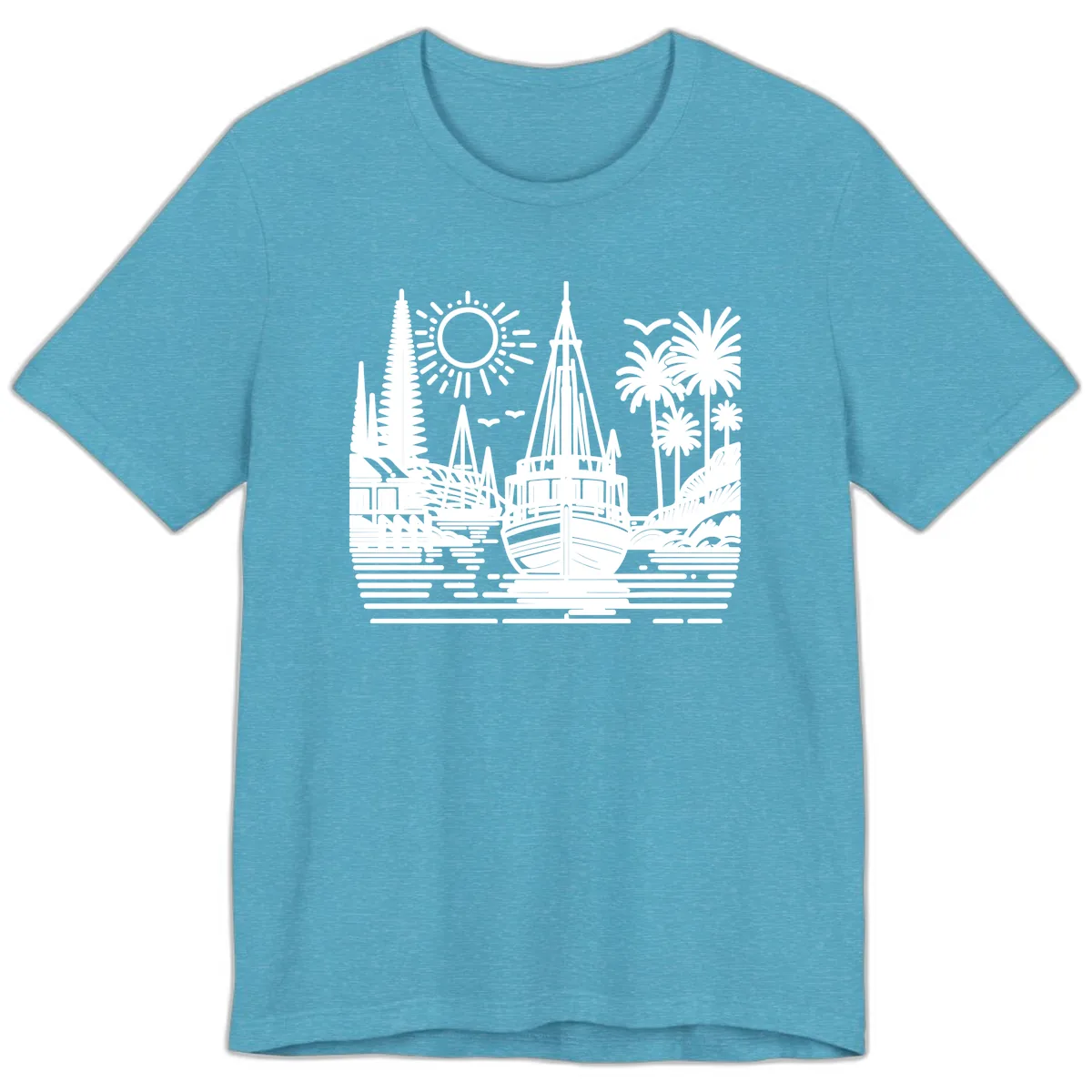 Tropical Boat Paradise Scene Premium T-Shirt in Heather Aqua