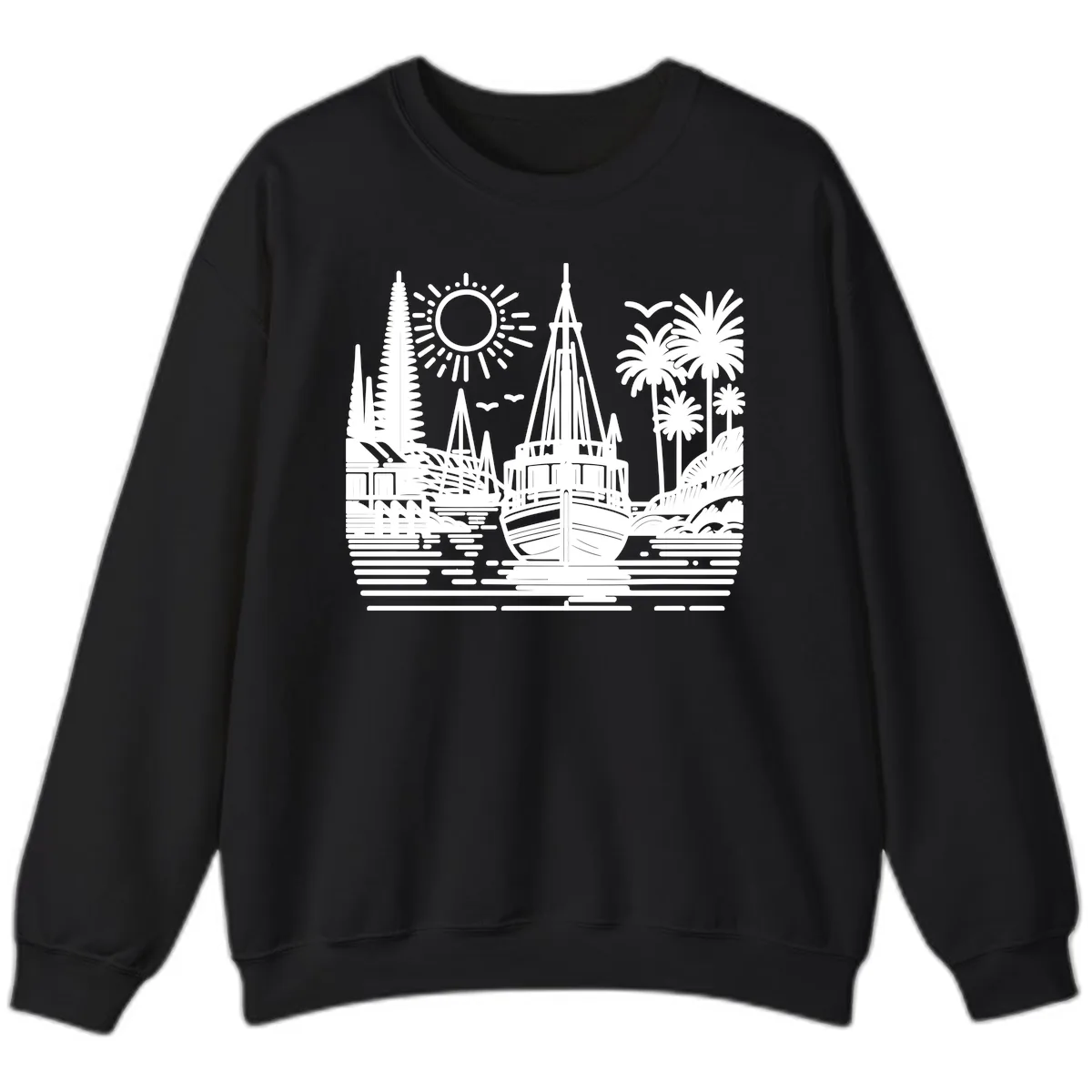 Tropical Boat Paradise Scene Sweatshirt in Black