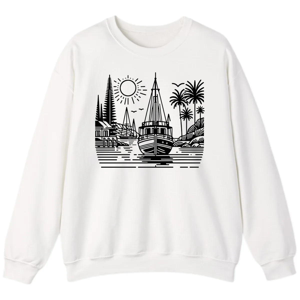 Tropical Boat Paradise Scene Sweatshirt in White