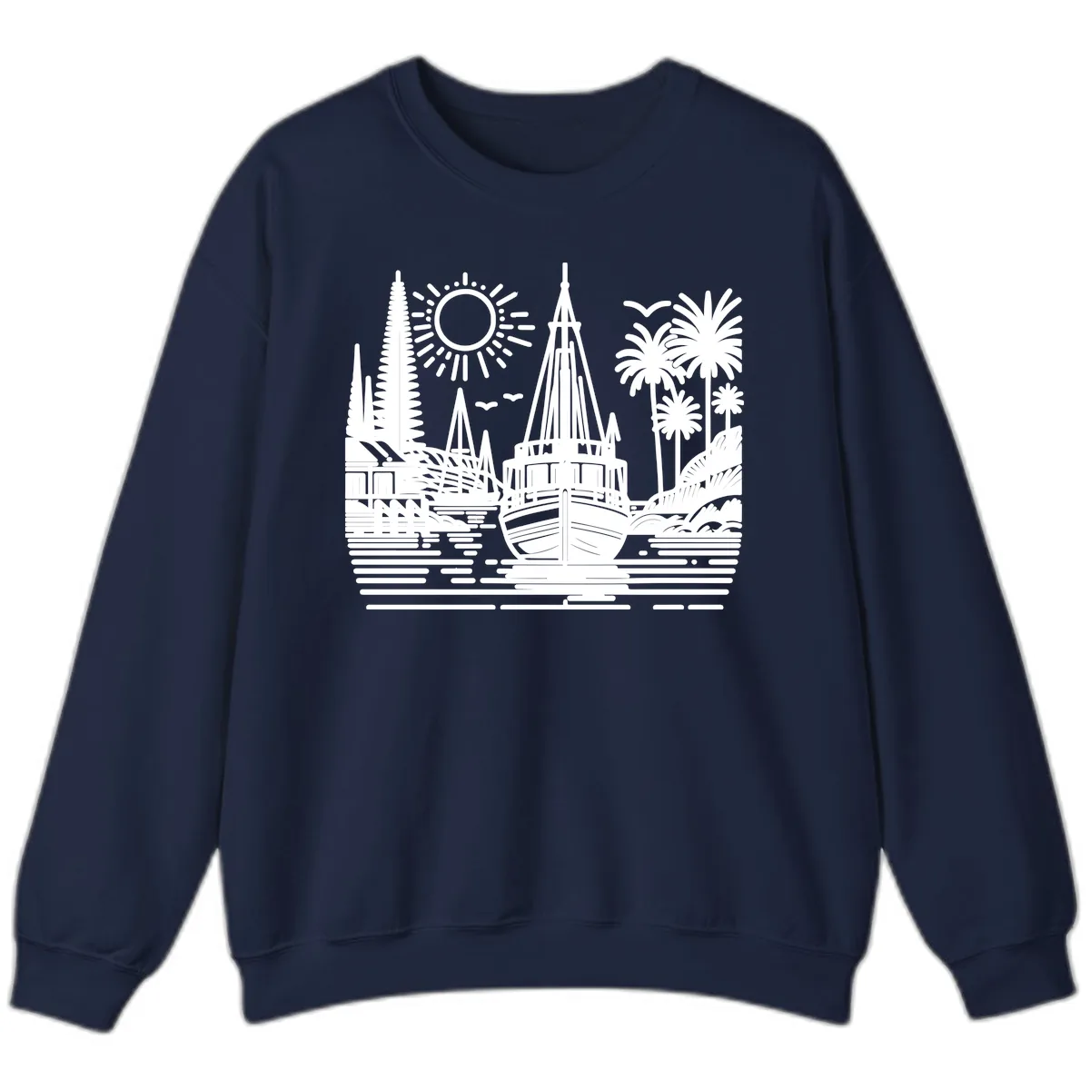 Tropical Boat Paradise Scene Sweatshirt in Navy