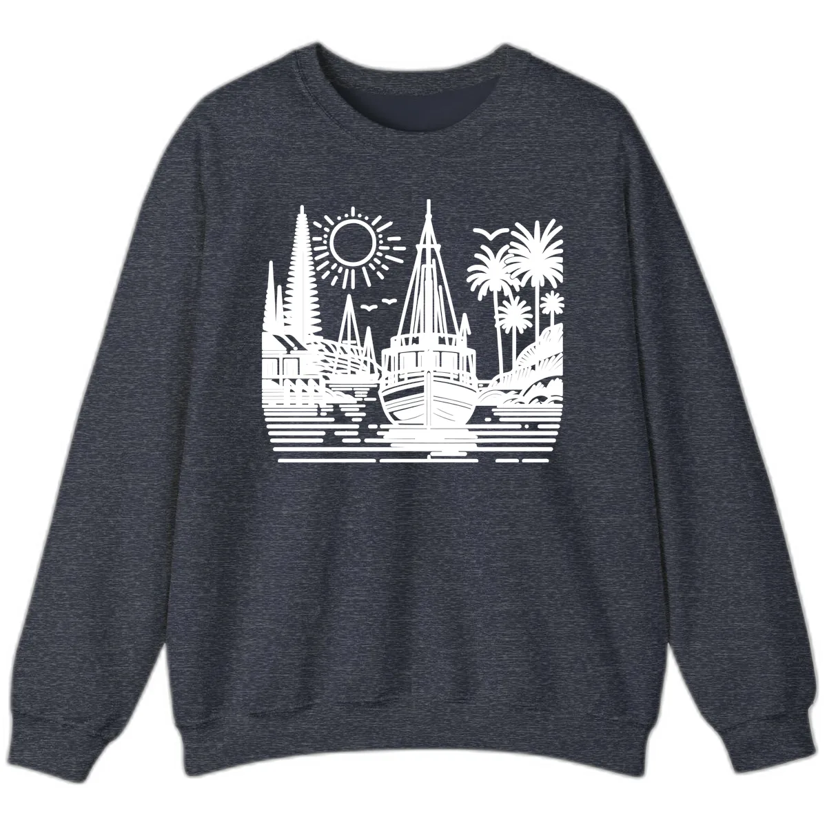 Tropical Boat Paradise Scene Sweatshirt in Heather Sport Dark Navy