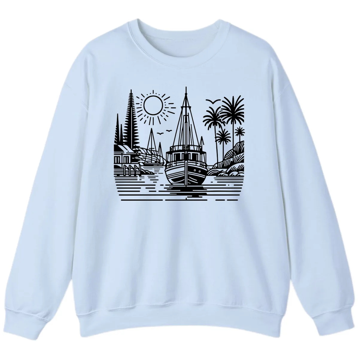 Tropical Boat Paradise Scene Sweatshirt in Light Blue