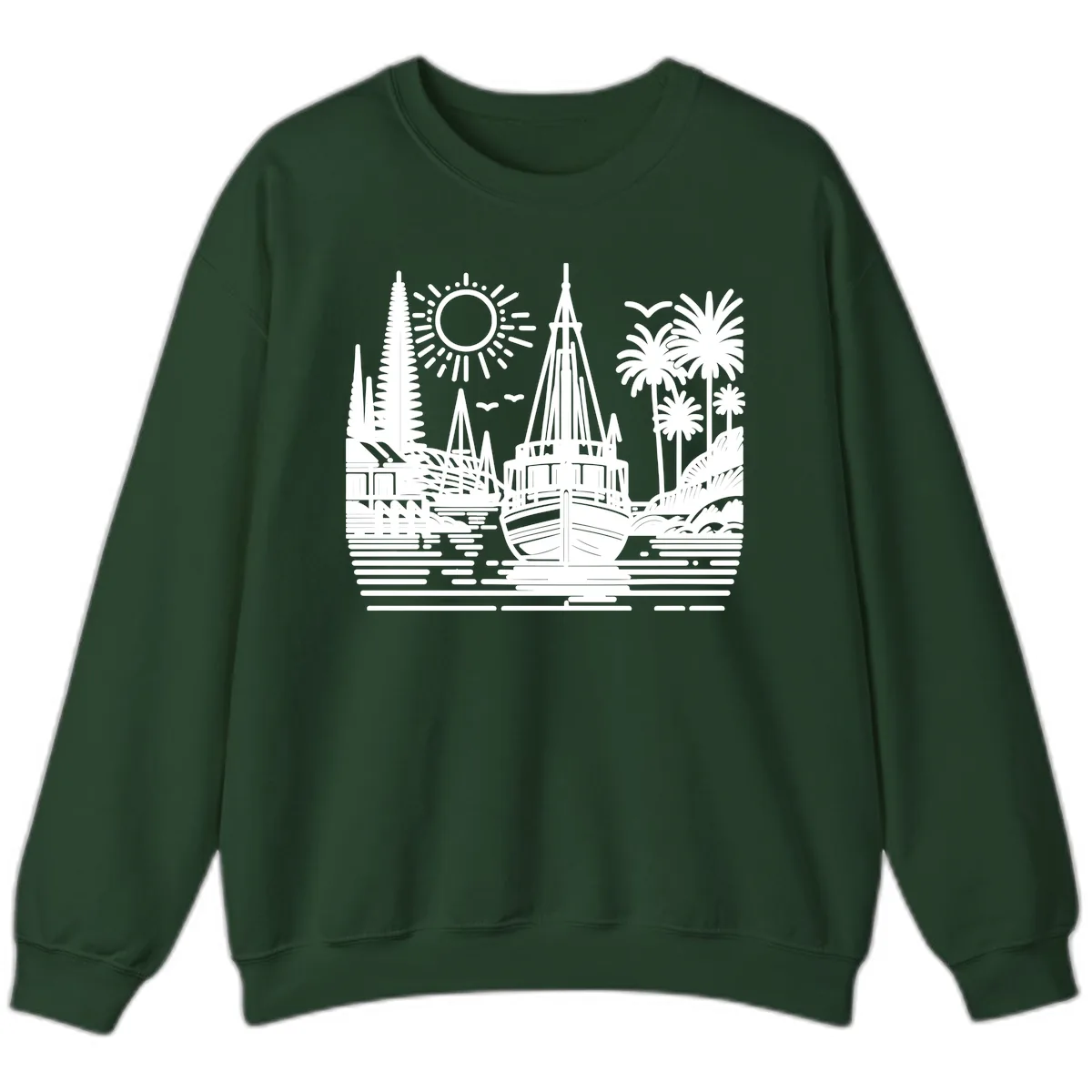 Tropical Boat Paradise Scene Sweatshirt in Forest Green