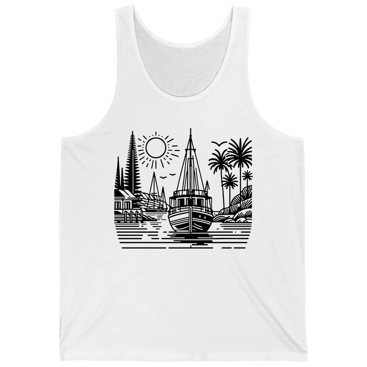 Tropical Boat Paradise Scene Tank in White