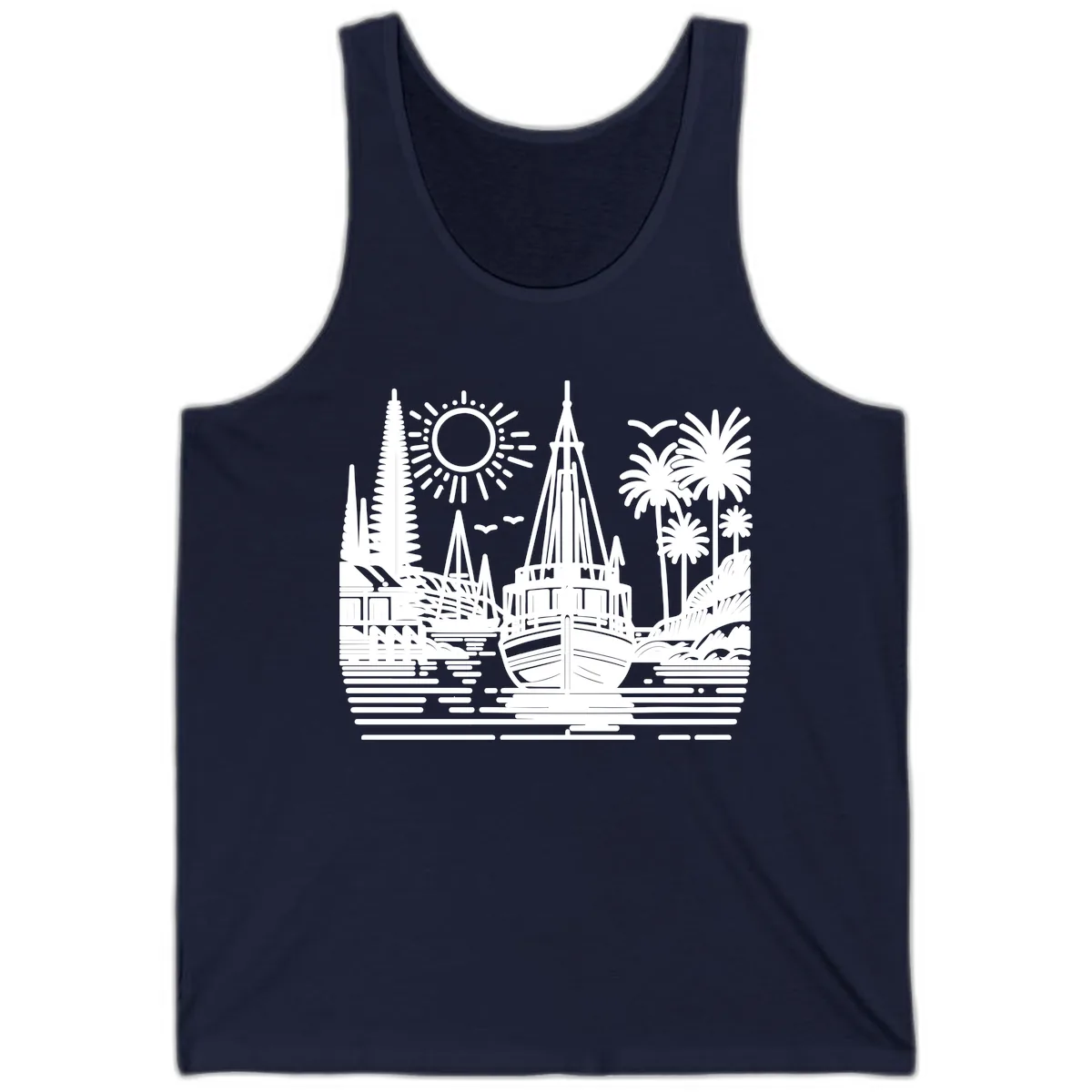 Tropical Boat Paradise Scene Tank in Navy