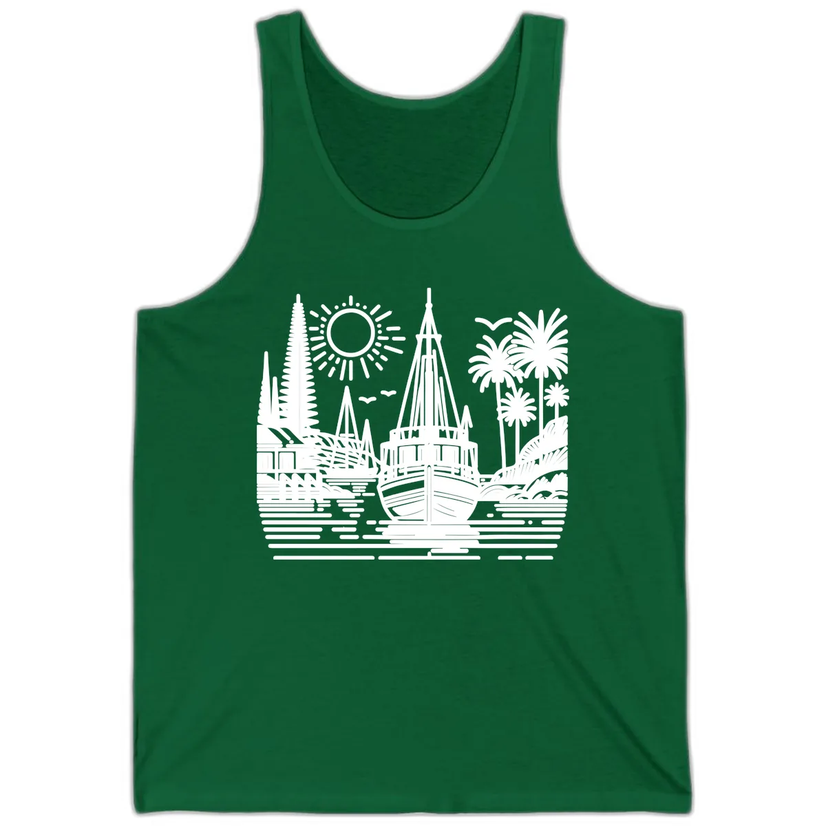 Tropical Boat Paradise Scene Tank in Kelly