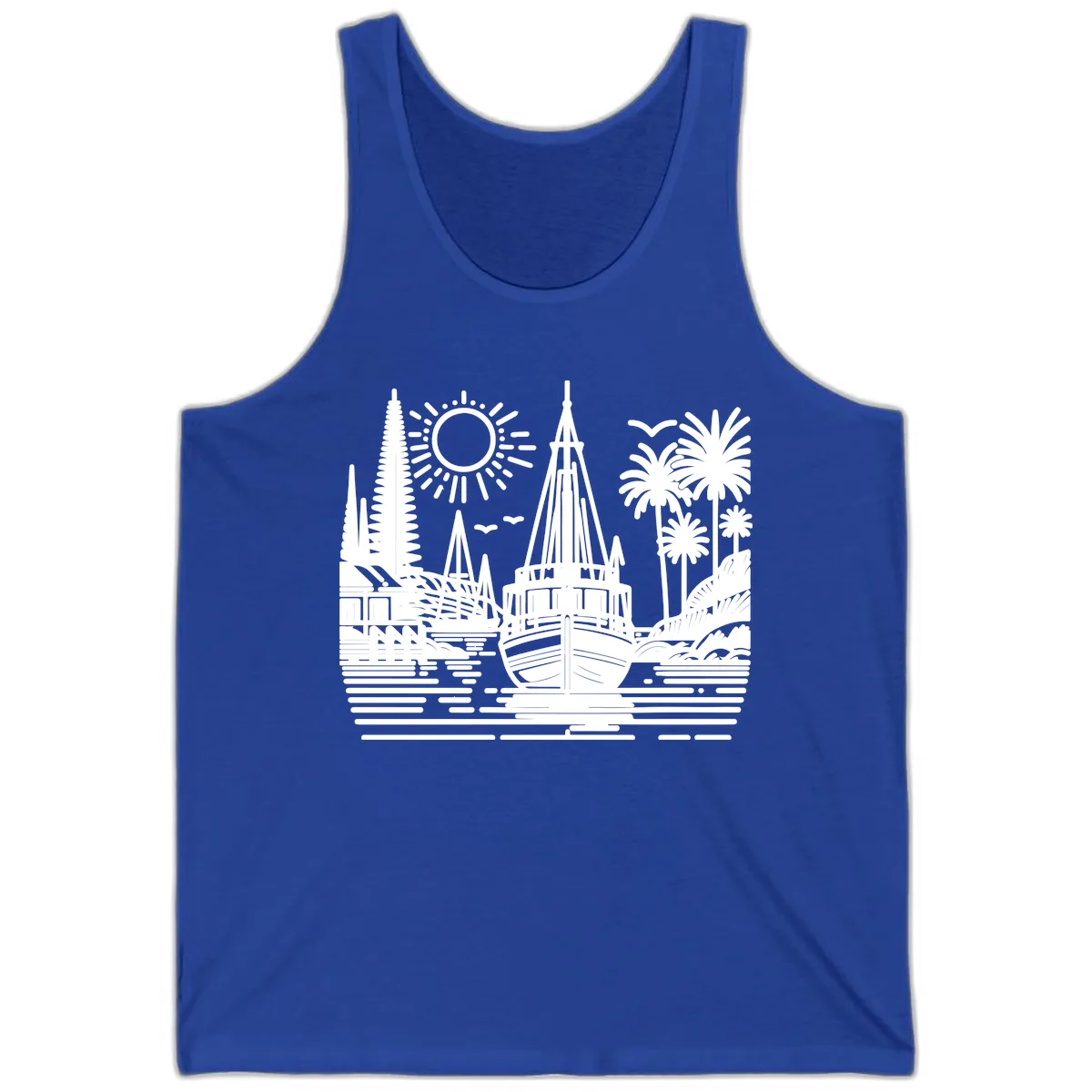 Tropical Boat Paradise Scene Tank in True Royal