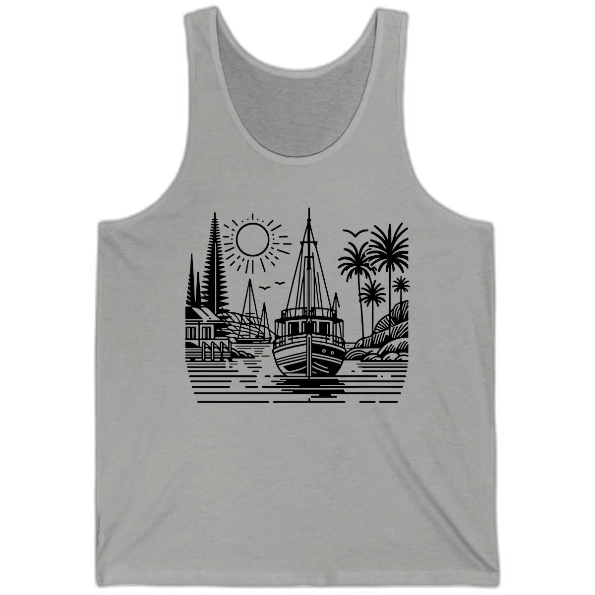 Tropical Boat Paradise Scene Tank in Athletic Heather