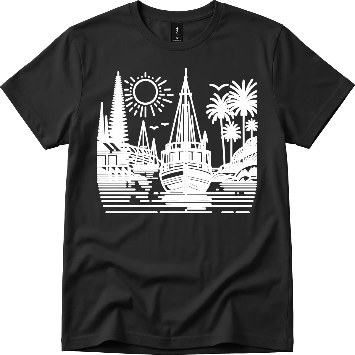 Tropical Boat Paradise Scene T-Shirt in Black