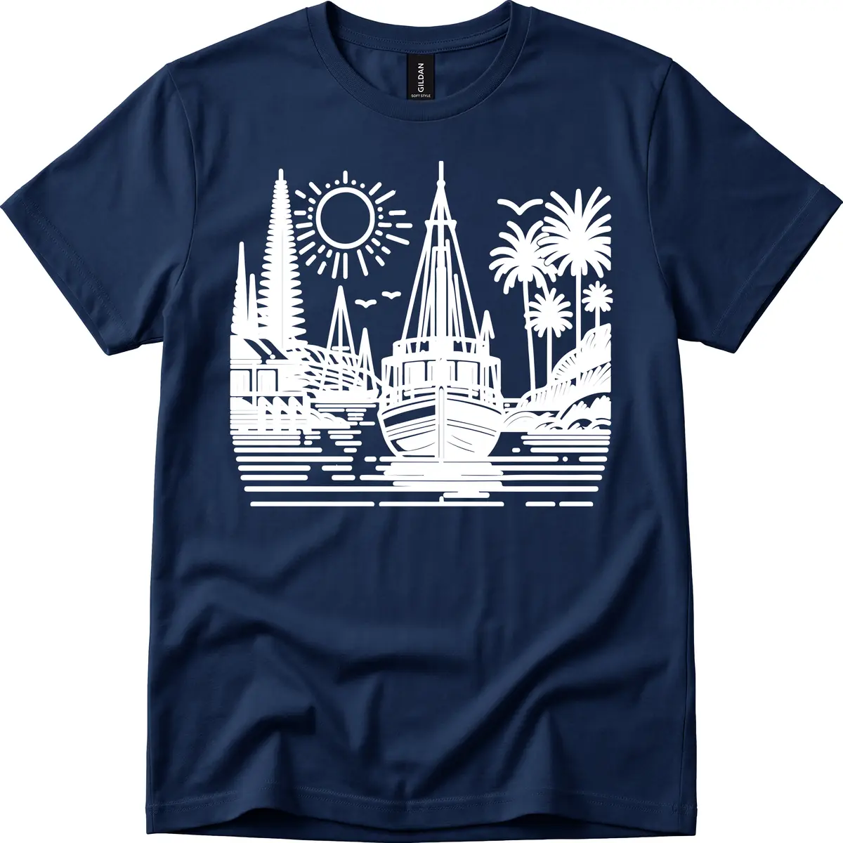 Tropical Boat Paradise Scene T-Shirt in Navy