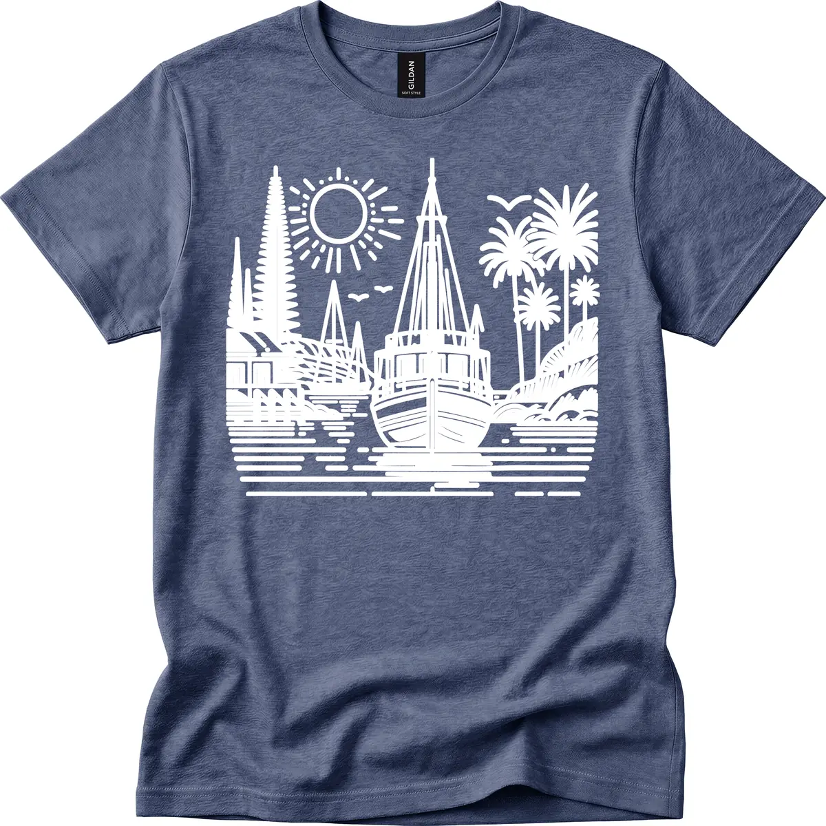 Tropical Boat Paradise Scene T-Shirt in Heather Navy