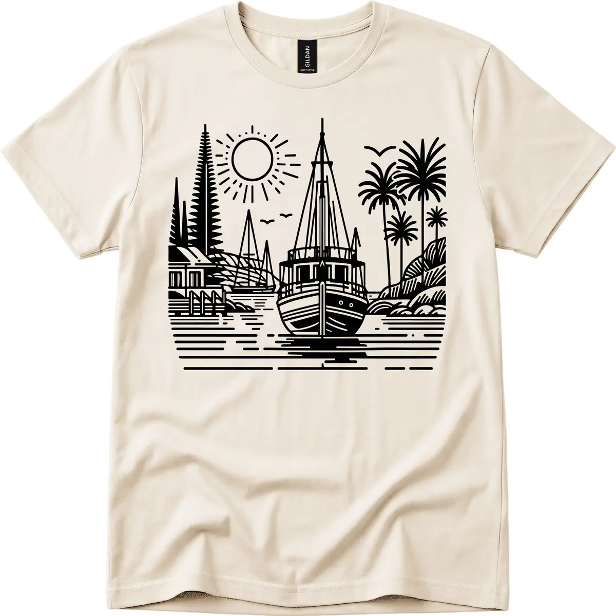 Tropical Boat Paradise Scene T-Shirt in Natural